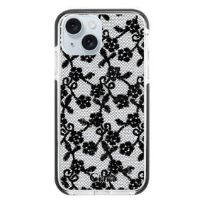 iPhone15Plus クッションバンパー 耐衝撃クリアケース ファブリックスモールフラワーレース ブラック