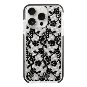 iPhone15ProMax クッションバンパー 耐衝撃クリアケース ファブリックスモールフラワーレース ブラック