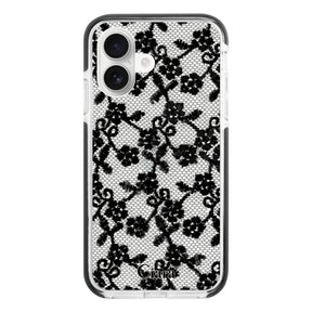 iPhone16 クッションバンパー 耐衝撃クリアケース ファブリックスモールフラワーレース ブラック
