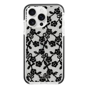 iPhone16ProMax クッションバンパー 耐衝撃クリアケース ファブリックスモールフラワーレース ブラック