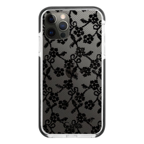 iPhoneX/XS クッションバンパー 耐衝撃クリアケース ファブリックスモールフラワーレース ブラック