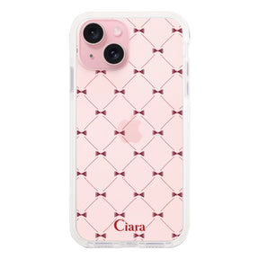 iPhone15 クッションバンパー 耐衝撃クリアケース キルティングリボン レッド