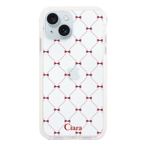 iPhone15Plus クッションバンパー 耐衝撃クリアケース キルティングリボン レッド