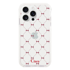 iPhone16ProMax クッションバンパー 耐衝撃クリアケース キルティングリボン レッド