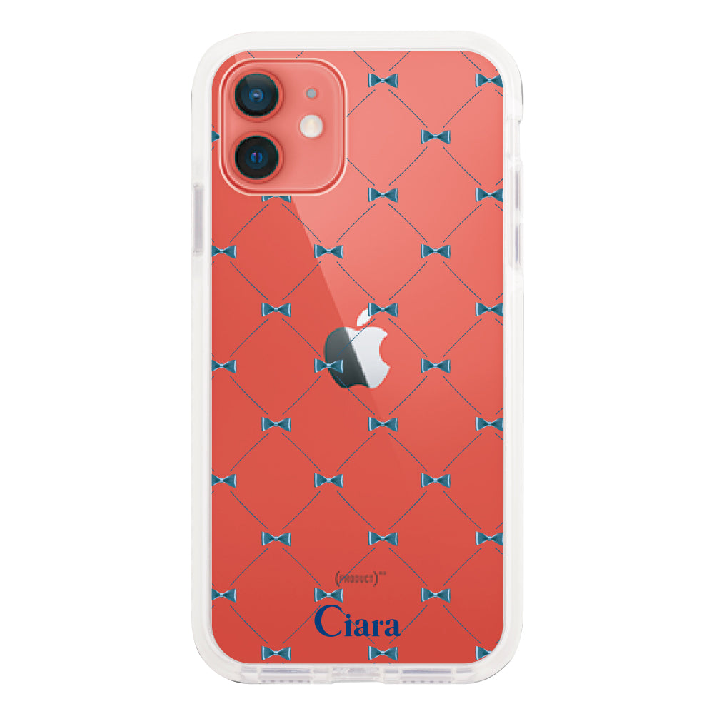 iPhone11 クッションバンパー 耐衝撃クリアケース キルティングリボン ブルー