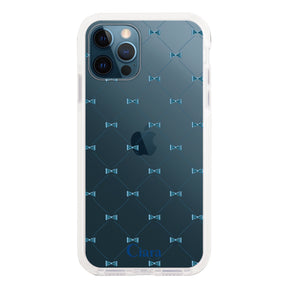 iPhone12ProMax クッションバンパー 耐衝撃クリアケース キルティングリボン ブルー