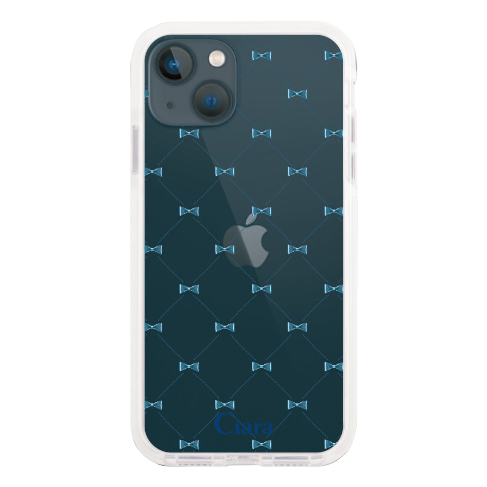 iPhone13mini クッションバンパー 耐衝撃クリアケース キルティングリボン ブルー