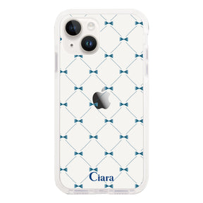 iPhone14 クッションバンパー 耐衝撃クリアケース キルティングリボン ブルー