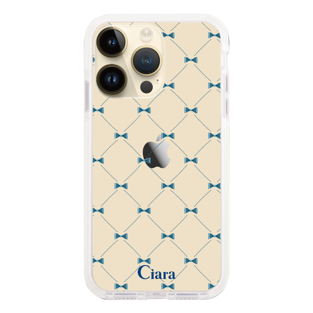 iPhone14Pro クッションバンパー 耐衝撃クリアケース キルティングリボン ブルー