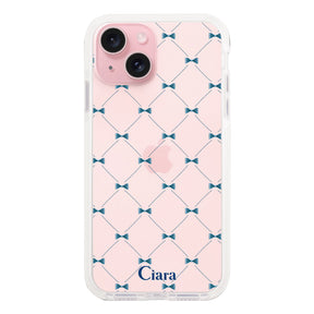 iPhone15 クッションバンパー 耐衝撃クリアケース キルティングリボン ブルー