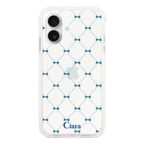 iPhone16 クッションバンパー 耐衝撃クリアケース キルティングリボン ブルー