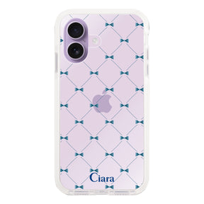iPhone17 クッションバンパー 耐衝撃クリアケース キルティングリボン ブルー