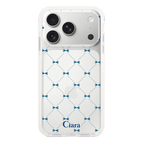 iPhone17Pro クッションバンパー 耐衝撃クリアケース キルティングリボン ブルー