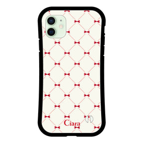 iPhone12mini グリップ 耐衝撃ケース キルティングリボン ピンク