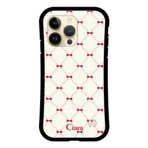 iPhone14Pro グリップ 耐衝撃ケース キルティングリボン ピンク