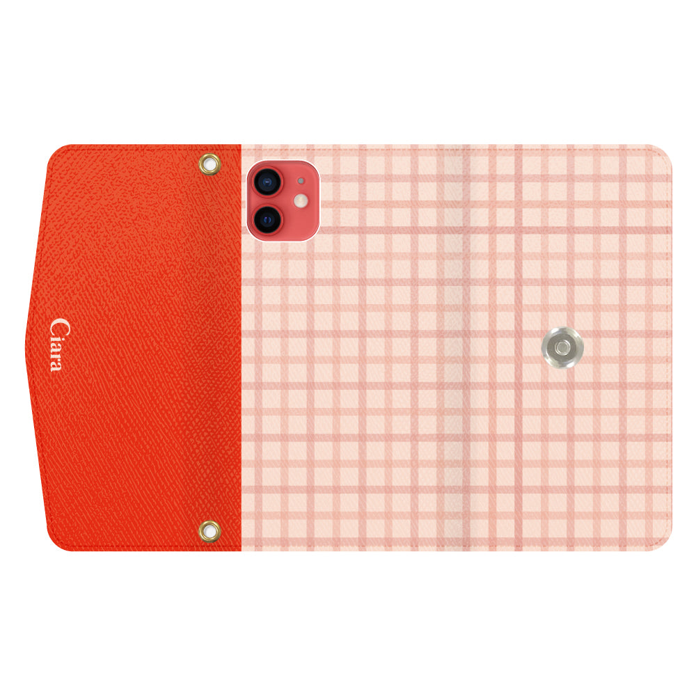 iPhone11ケース 手帳型カード収納レザーケース ブロックチェック ピンク