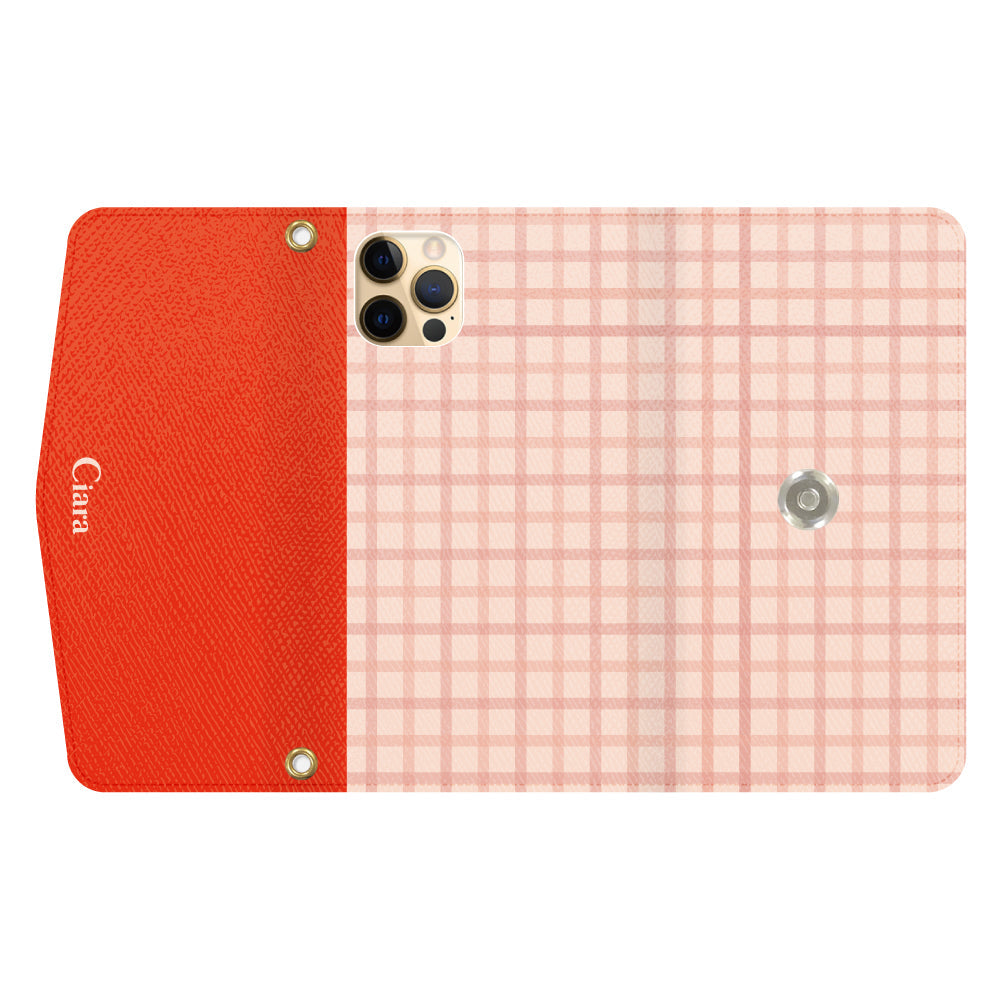 iPhone11Proケース 手帳型カード収納レザーケース ブロックチェック ピンク