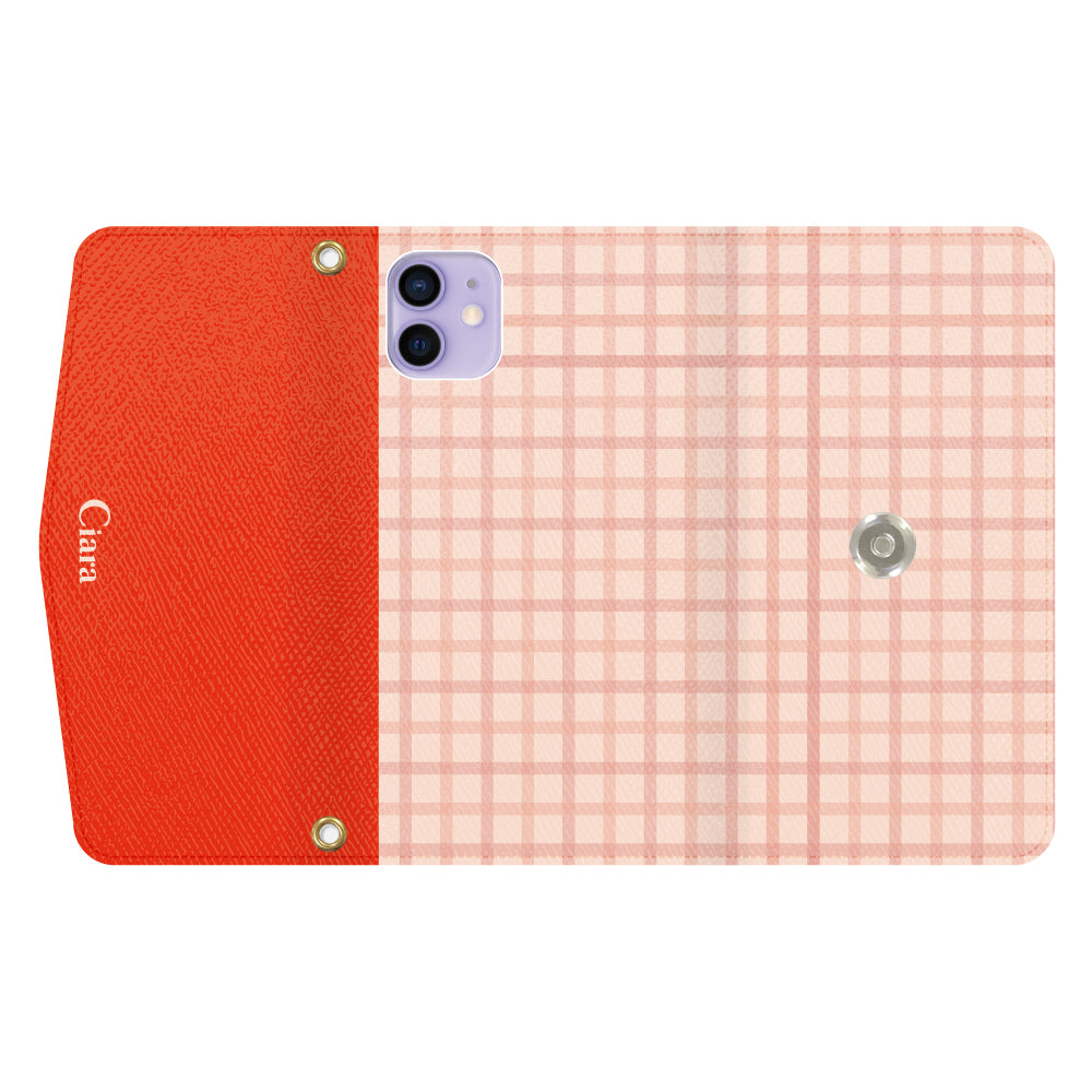 iPhone12/12Proケース 手帳型カード収納レザーケース ブロックチェック ピンク