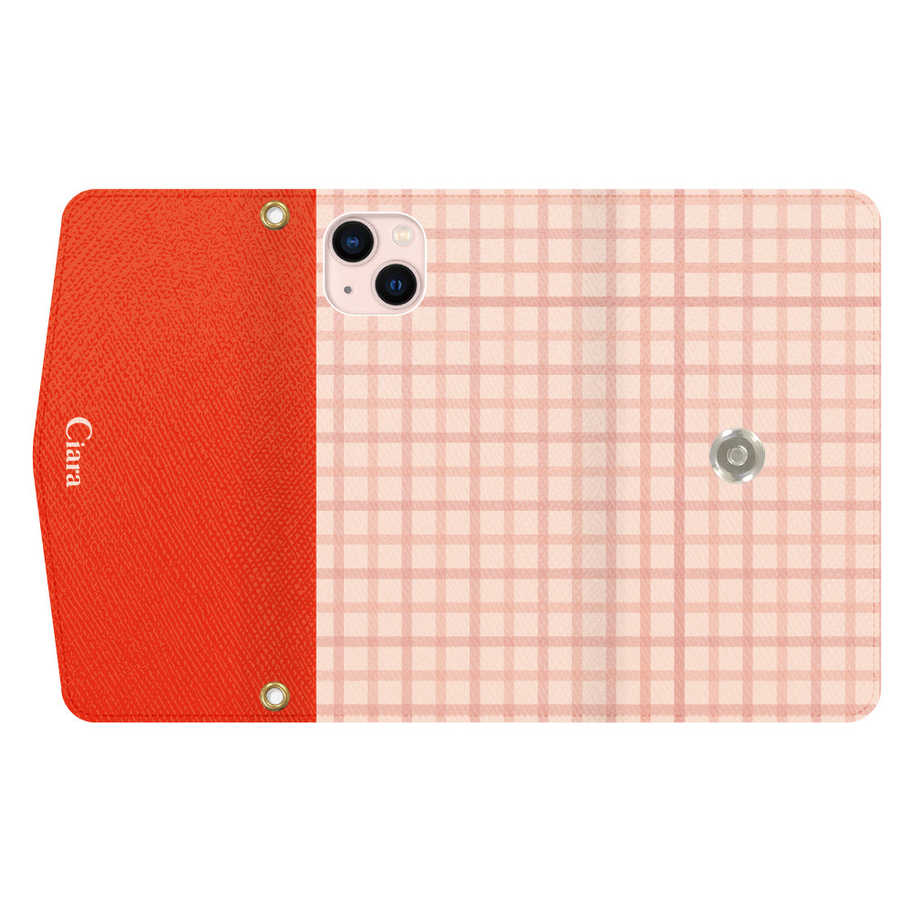 iPhone13ケース 手帳型カード収納レザーケース ブロックチェック ピンク