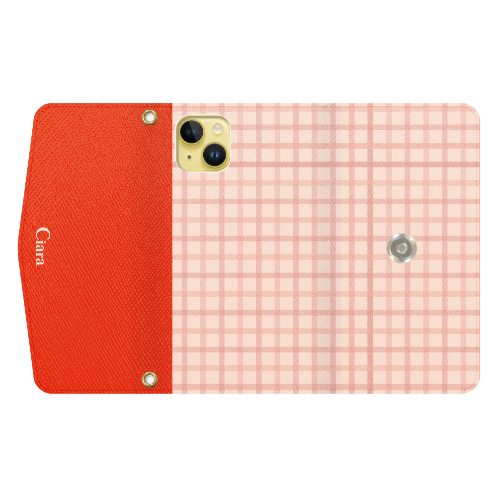 iPhone14Plusケース 手帳型カード収納レザーケース ブロックチェック ピンク