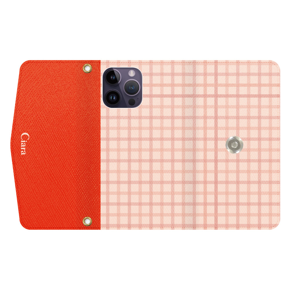 iPhone14ProMaxケース 手帳型カード収納レザーケース ブロックチェック ピンク