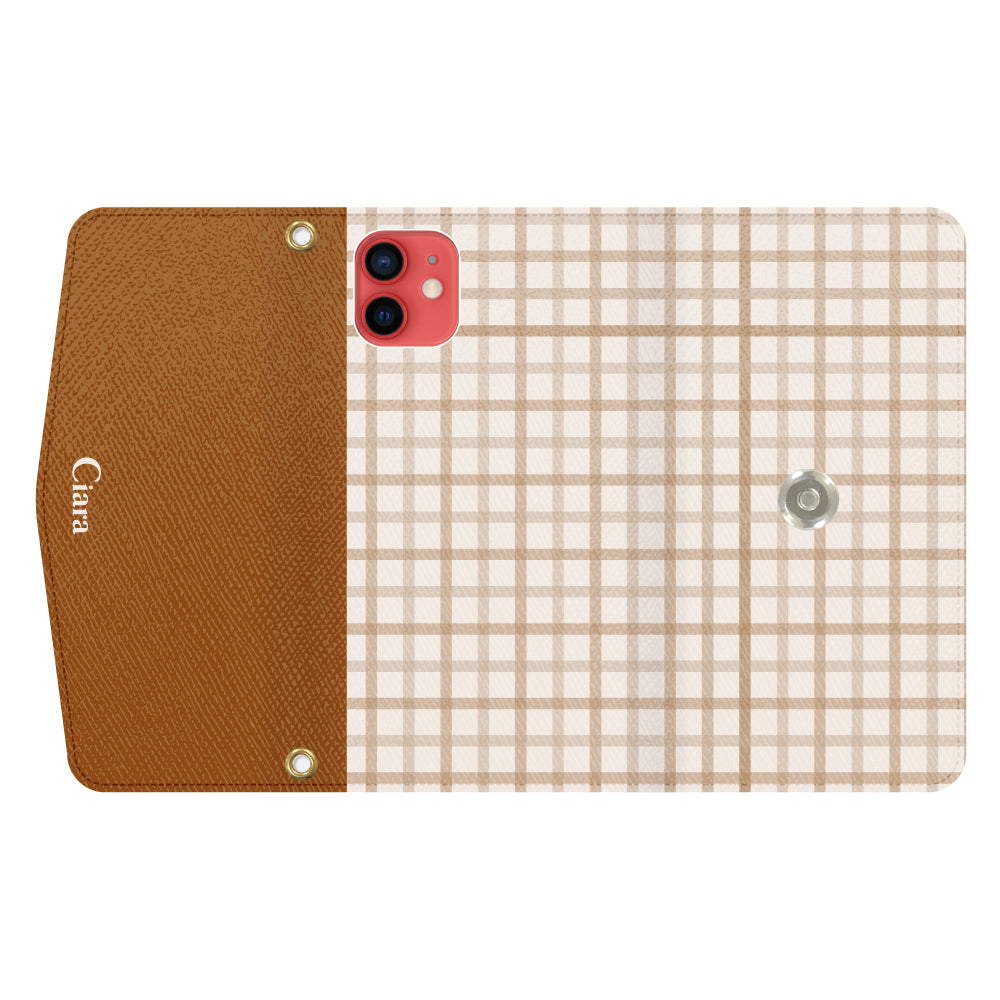 iPhone11ケース 手帳型カード収納レザーケース ブロックチェック ベージュ
