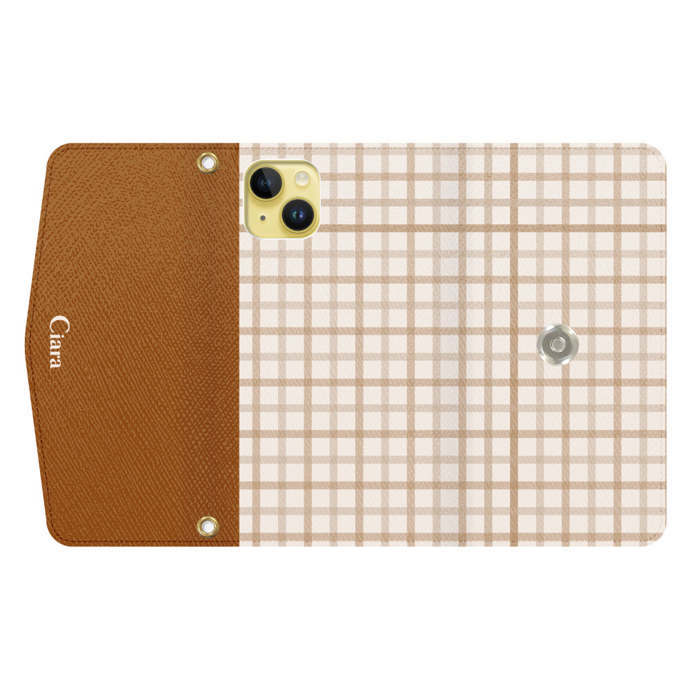 iPhone14Plusケース 手帳型カード収納レザーケース ブロックチェック ベージュ