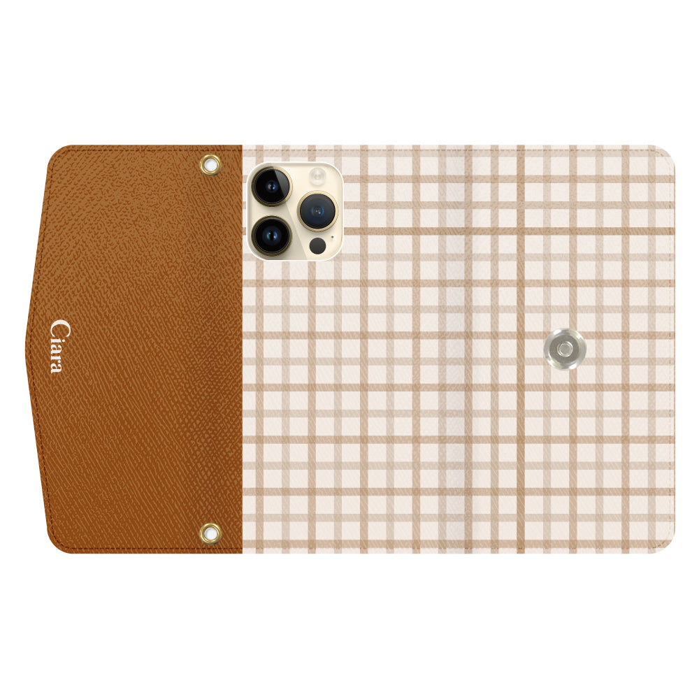 iPhone14Proケース 手帳型カード収納レザーケース ブロックチェック ベージュ
