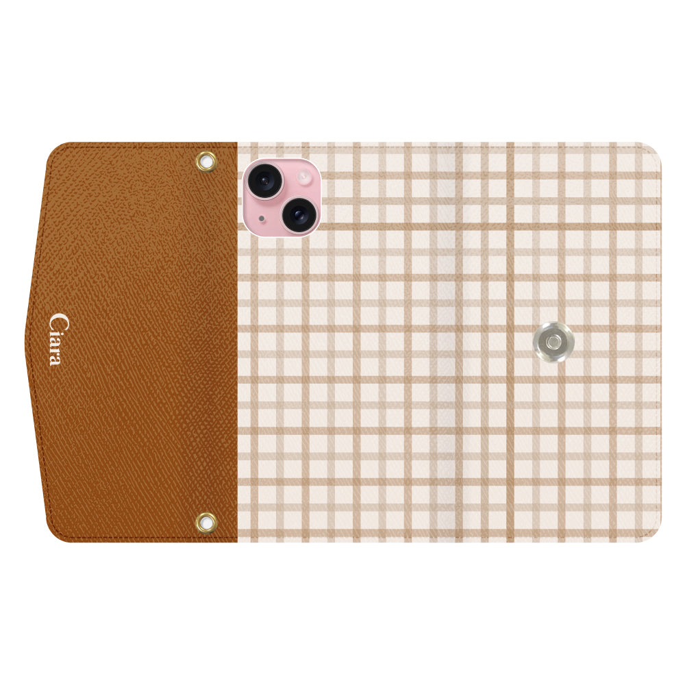 iPhone15ケース 手帳型カード収納レザーケース ブロックチェック ベージュ