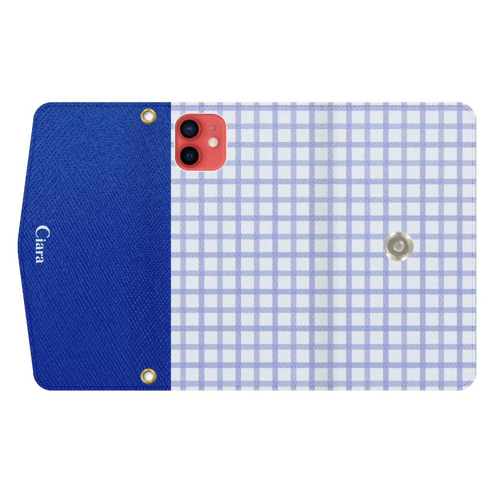 iPhone11ケース 手帳型カード収納レザーケース ブロックチェック ブルー