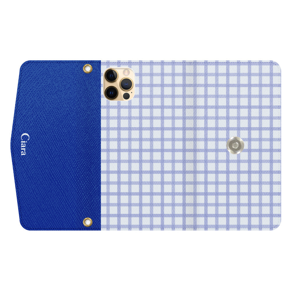 iPhone11ProMaxケース 手帳型カード収納レザーケース ブロックチェック ブルー