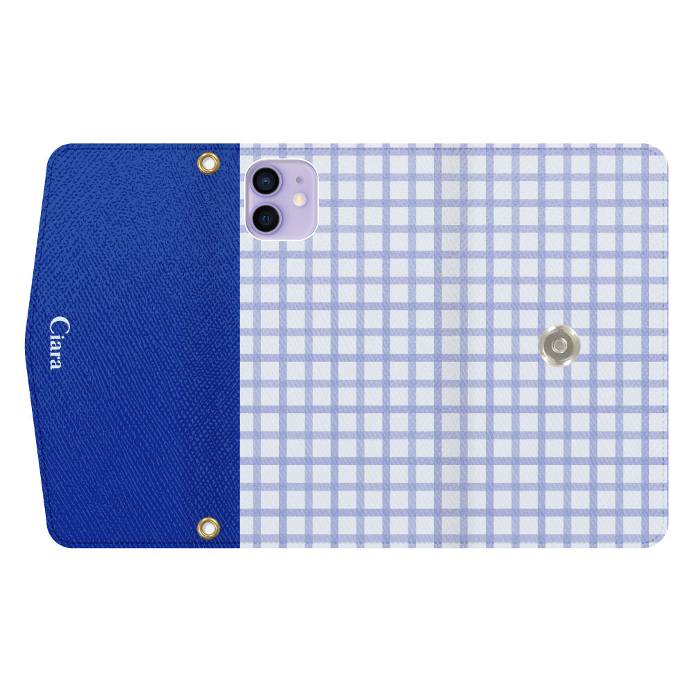 iPhone12/12Proケース 手帳型カード収納レザーケース ブロックチェック ブルー