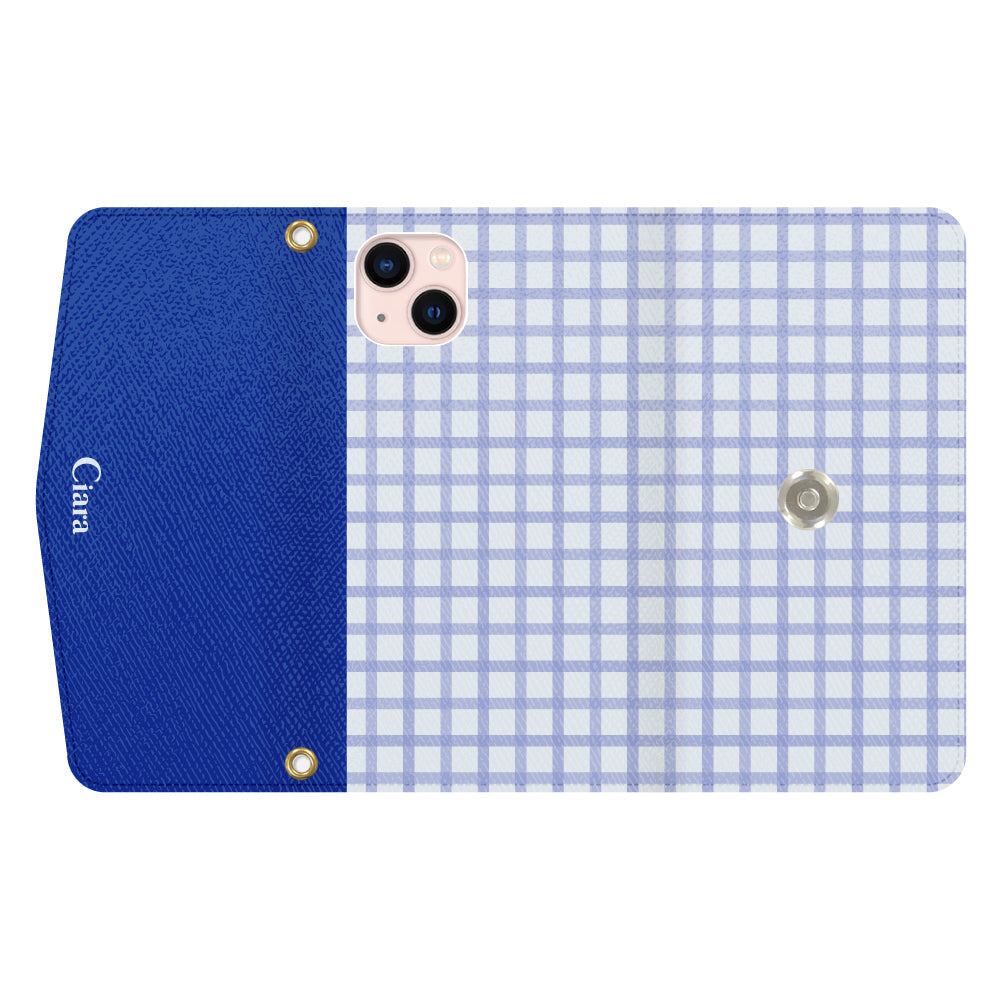 iPhone13ケース 手帳型カード収納レザーケース ブロックチェック ブルー