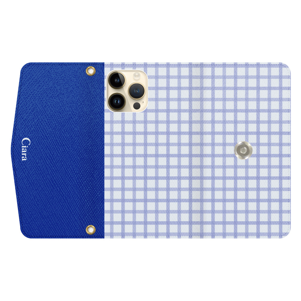 iPhone14Proケース 手帳型カード収納レザーケース ブロックチェック ブルー