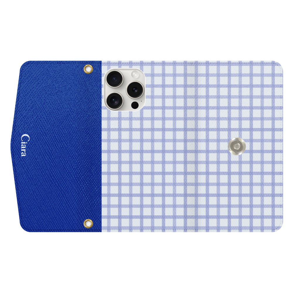 iPhone15ProMaxケース 手帳型カード収納レザーケース ブロックチェック ブルー