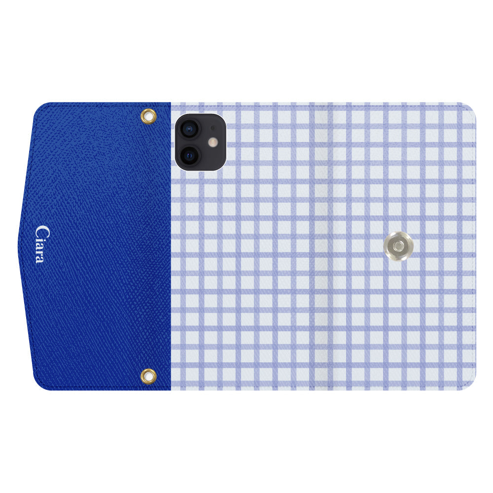 iPhoneXRケース 手帳型カード収納レザーケース ブロックチェック ブルー