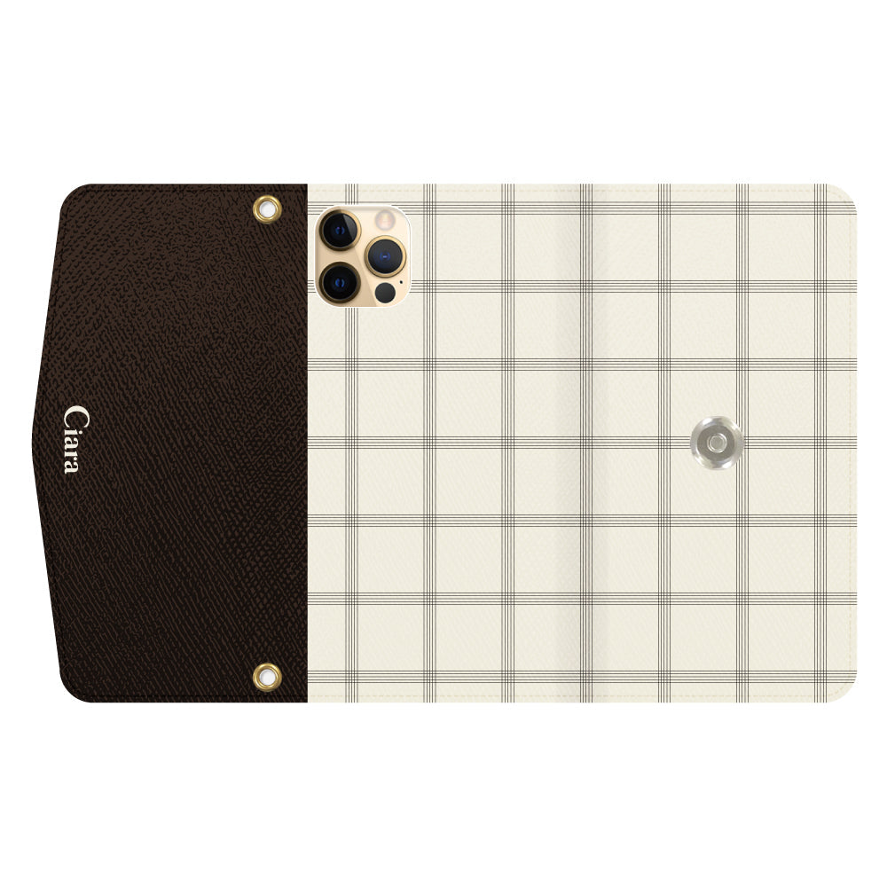 iPhone11ProMaxケース 手帳型カード収納レザーケース グラフチェック グレー