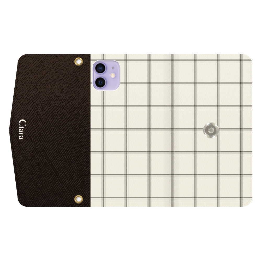 iPhone12/12Proケース 手帳型カード収納レザーケース グラフチェック グレー