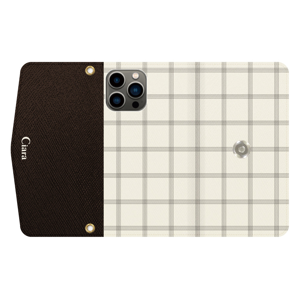 iPhone13Proケース 手帳型カード収納レザーケース グラフチェック グレー