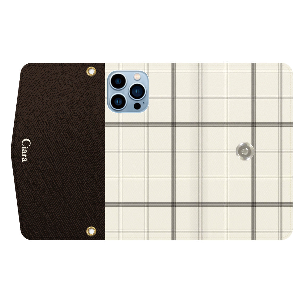 iPhone13ProMaxケース 手帳型カード収納レザーケース グラフチェック グレー