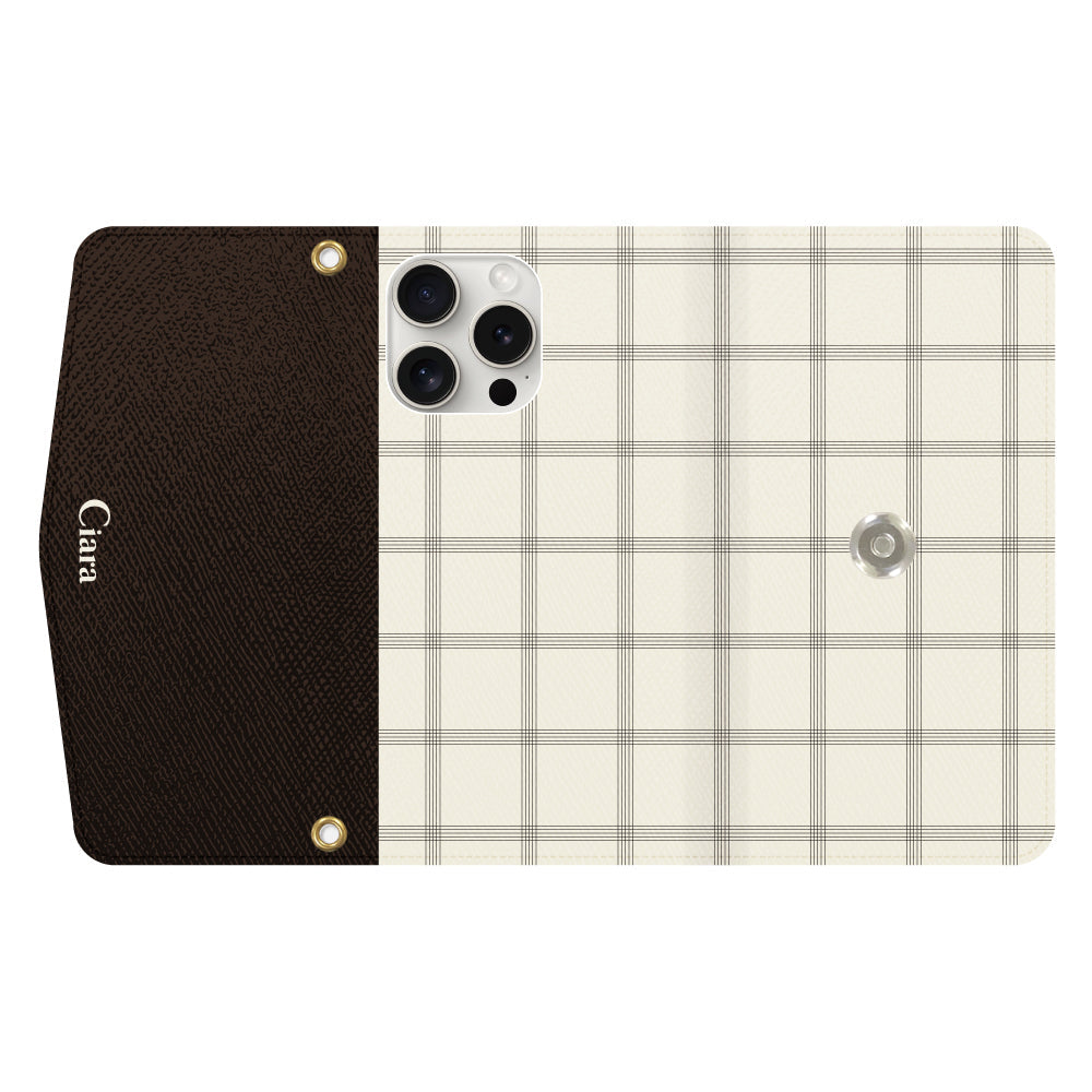 iPhone15ProMaxケース 手帳型カード収納レザーケース グラフチェック グレー