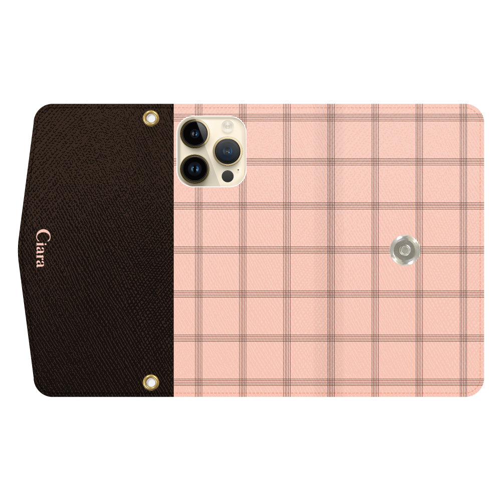 iPhone14Proケース 手帳型カード収納レザーケース グラフチェック ママレード
