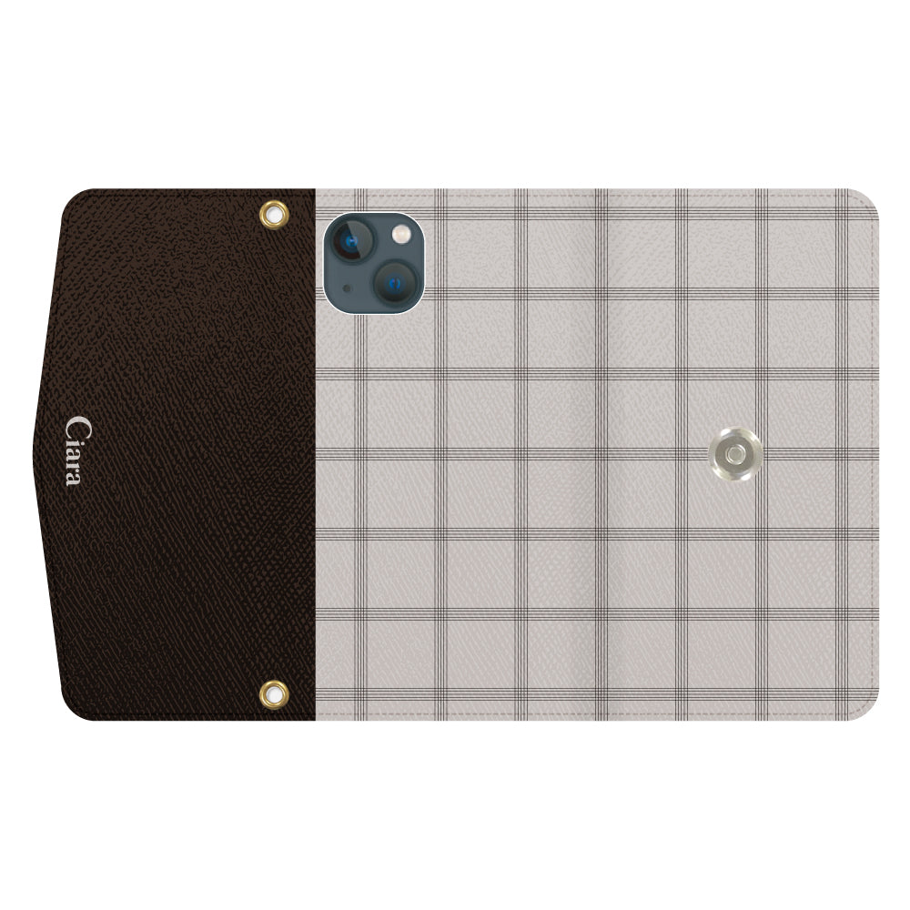 iPhone13miniケース 手帳型カード収納レザーケース グラフチェック ベージュ