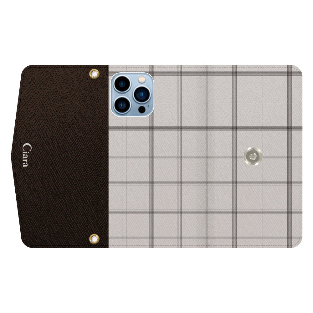 iPhone13ProMaxケース 手帳型カード収納レザーケース グラフチェック ベージュ