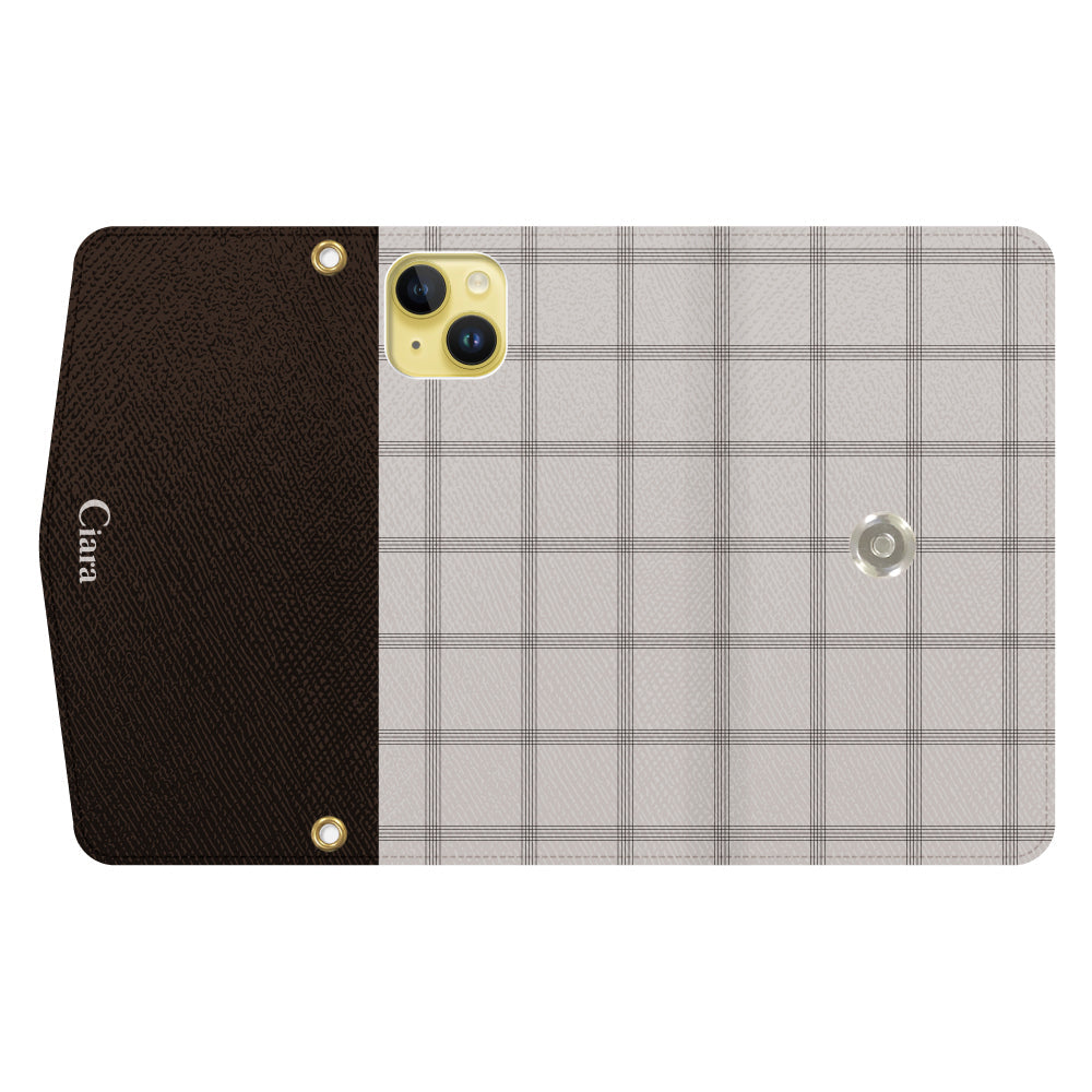 iPhone14Plusケース 手帳型カード収納レザーケース グラフチェック ベージュ