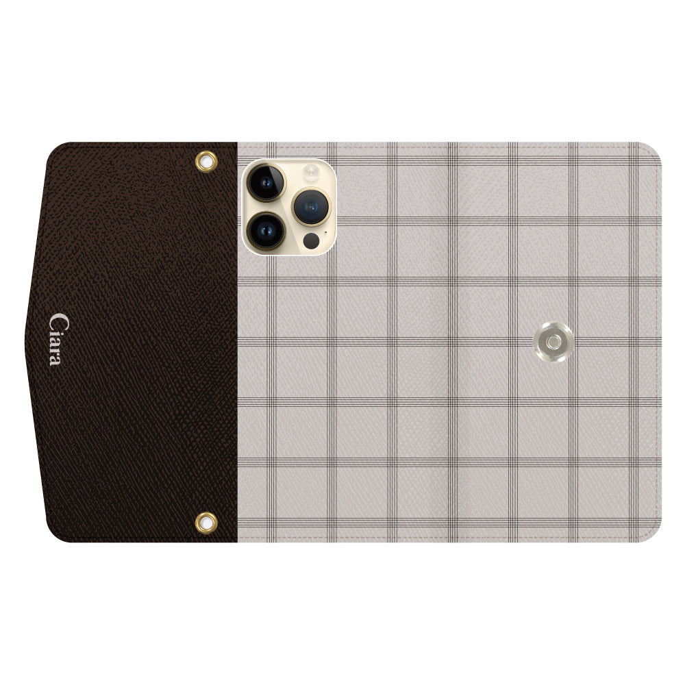 iPhone14Proケース 手帳型カード収納レザーケース グラフチェック ベージュ