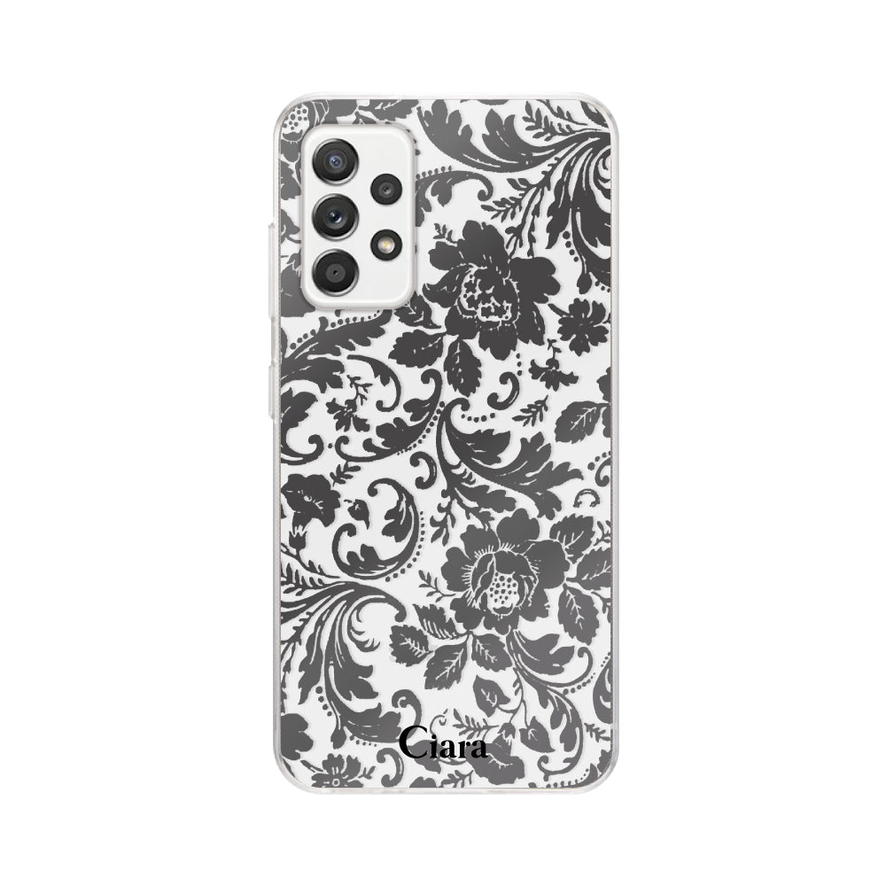 GalaxyA52ケース クリアケース ヴィンテージフラワー ブラック