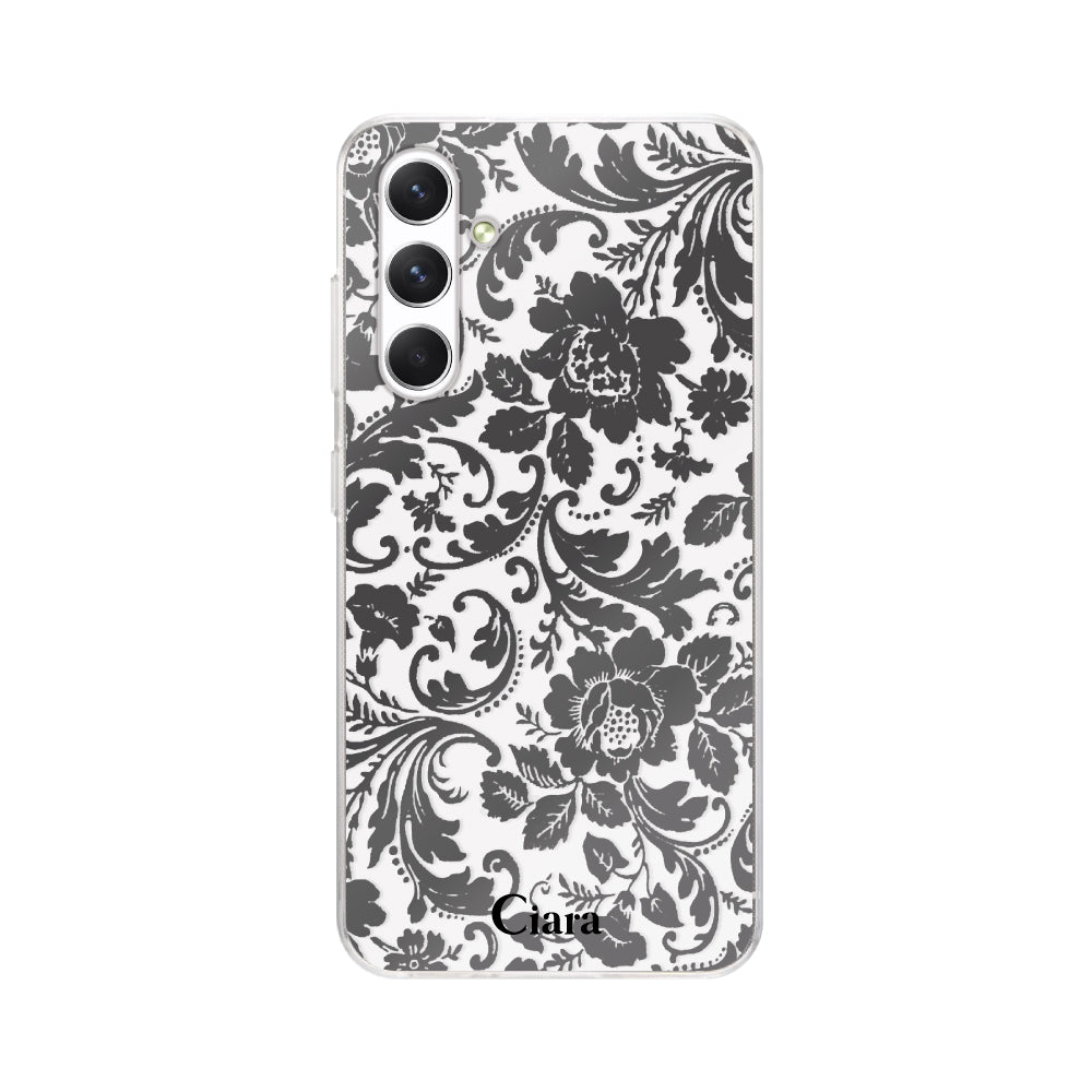 GalaxyA54ケース クリアケース ヴィンテージフラワー ブラック