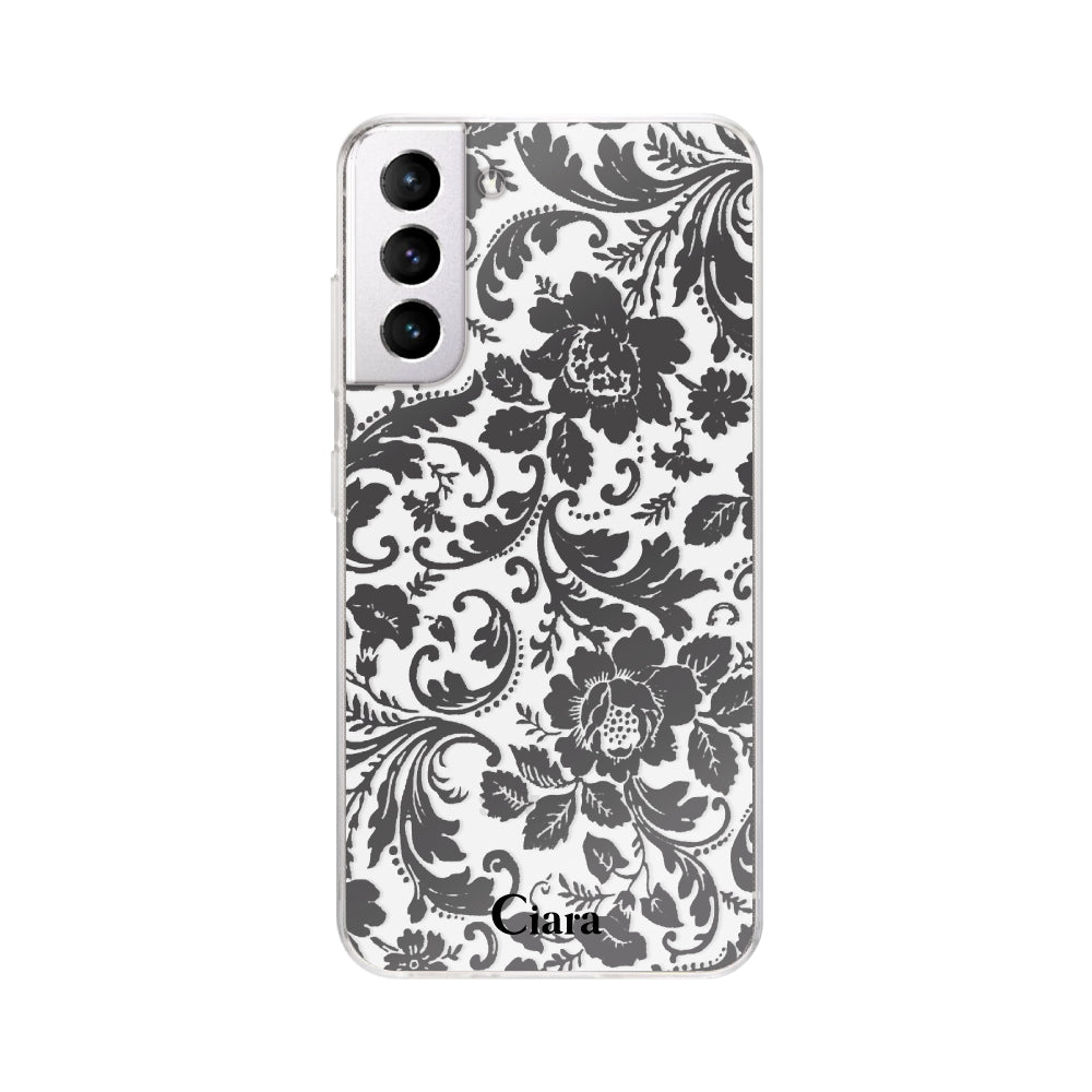 GalaxyS21ケース クリアケース ヴィンテージフラワー ブラック