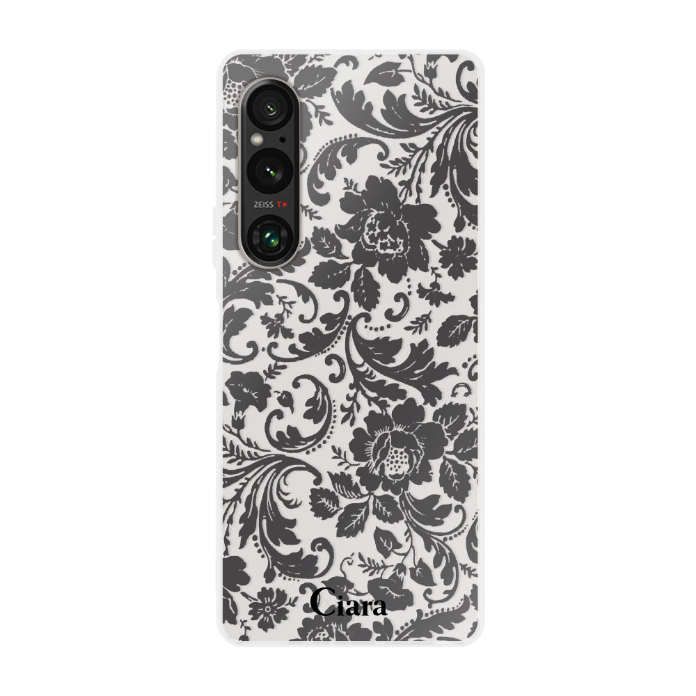 Xperia1Ⅴケース クリアケース ヴィンテージフラワー ブラック